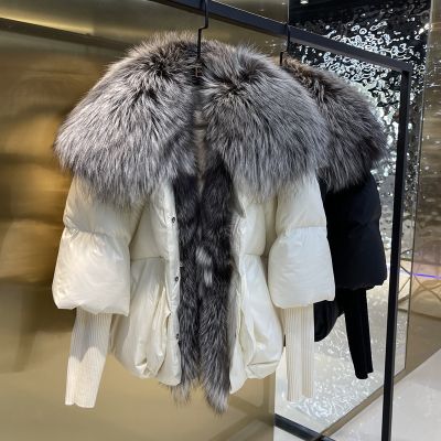 ☸∏ gsger Ganso para baixo 2023 pato branco jaqueta inverno feminino quente solto casaco natural real gola de pele raposa grosso luxo outerwear novo