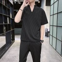 【hot seller】 Striped short-sleeved stand-up collar nine-point mens summer set British style fat two-piece college student casual full