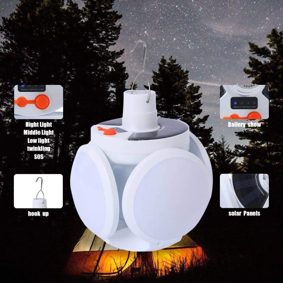 Solar Camping Lantern, Portable Tent Lamp with Hanging Hook, Folding LED  Football Bulbs Rechargeable USB Camping Lights for Home, Office, Tent, Car