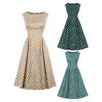 【Ladies shop】 WomenPolka DotWithRetroRound งานเลี้ยงค็อกเทล1950S 40S SwingSummerSleeveless