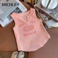 ชุดเดรสทรงดินสอเสื้อคอวีเด็กผู้หญิง Michley พิมพ์ลายอักษรย่อใหม่ฤดูร้อนเสื้อลำลอง
