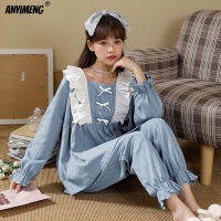 Victorian Ruffle White Hearts Printed Cotton Sleepwear Texture Cotton Spring Autumn Loose Size Kawaii Pajama Young Gril Pijamas