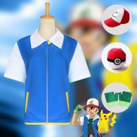 【Lao Zhang Fashion Cosplay】เถ้า Ketchum เครื่องแต่งกายคอสเพลย์สีฟ้าเสื้อหมวกถุงมือ Poke บอลอะนิเมะคอสเพลย์ชุดฮาโลวีน