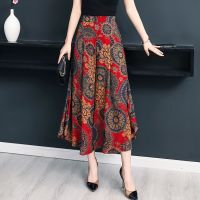 Print Wide Leg Pant Women Elastic Waist Skirt Pants Summer Loose Skirts Trousers Women 4XL Cotton Pantalones Elegant Mujer 2029