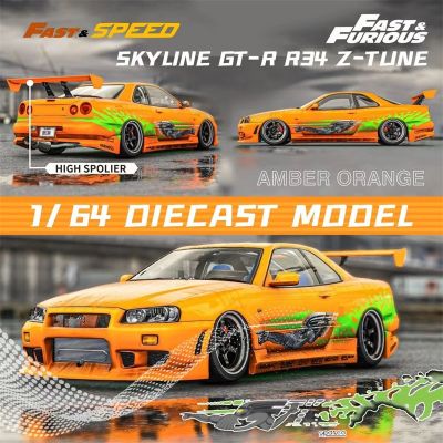 **Pre-Order** Fast Speed FS 1:64 Skyline GT-R R34 Z-Tune High Wing FNF Amber Orange Limited999 Diecast Model Car