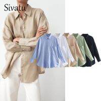 Sivatu Womens Clothing Single Pocket Button Up Lapel Long Sleeve White Linen Shirt Chic Office Ladies Tops Mujer