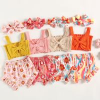 Pudcoco Infant Baby Girls Clothes Set Solid Color Ribbed Bowknot Sling Tank Tops Floral Print Shorts Headband 3Pcs Set  by Hs2023