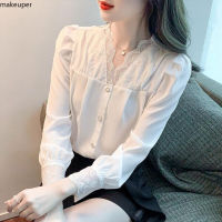 เสื้อยาวสีขาวแต่งหน้าสำหรับผู้หญิงคอวีเสื้อเชิ้ตสไตล์เกาหลีแขนยาวอารมณ์เรียบง่ายเสื้อแฟชั่น