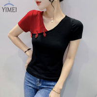 YIMEI เสื้อกี่เพ้า2023ใหม่สำหรับฤดูร้อน,เสื้อยืดกระดุมคอวีดีไซน์สำหรับผู้หญิงเสื้อแฟชั่นแขนกางเกงสีคอนทราสท์ทรงกว้าง