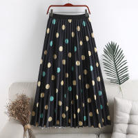 2022 New Women Summer Pleated Skirt High Waisted Polka Dot Print Chic Retro Long Mid-Calf Skirts Female A-Line Jupe Femme