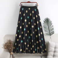 2023 New Women Summer Pleated Skirt High Waisted Polka Dot Print Chic R Long Mid-Calf Skirts Female A-Line Jupe Femme