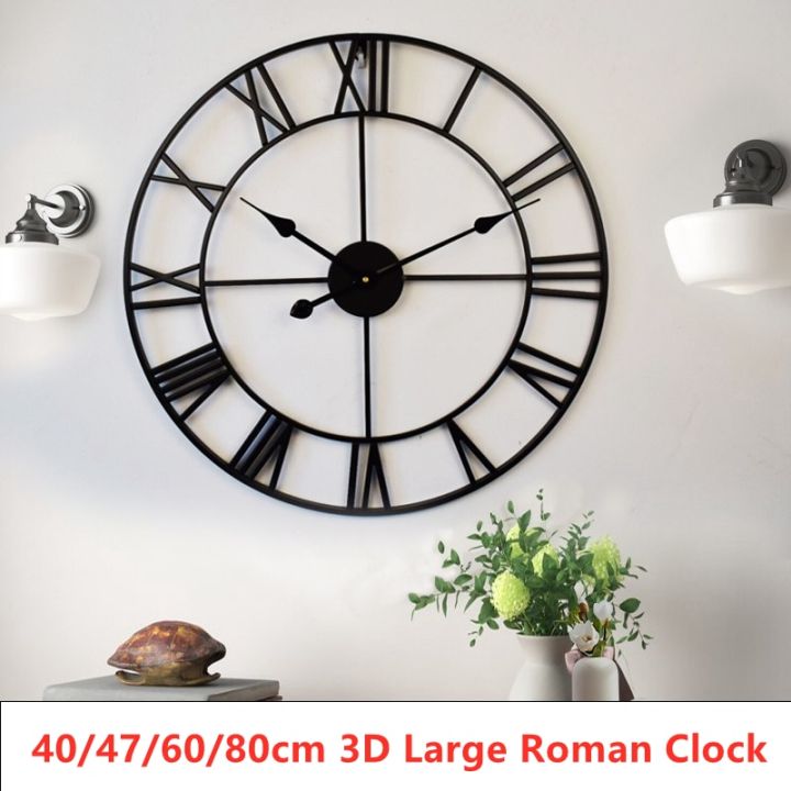 3d-ที่ทันสมัยขนาดใหญ่ย้อนยุคเหล็กสีดำรอบศิลปะกลวงโลหะนาฬิกาแขวนนอร์ดิกตัวเลขโรมันนาฬิกาตกแต่งบ้าน40-47-60-80เซนติเมตร