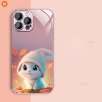 เคสโทรศัพท์แก้วลายกระต่ายน่ารักสำหรับ iPhone 15 14 13 12 Pro Max Plus ฝาหลังปลอกแฟชั่นทันสมัย