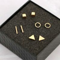 Cod Qipin Simple Alloy 4pairs Ear Stud Pierced Geometric Square Triangle Shaped Women Ladies Earrings Set