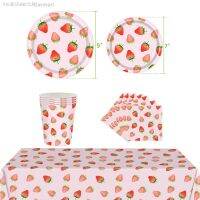 【CW】℗  Strawberry Disposable Tableware Sets Pink Fruit Gril Birthday Dessert Plastic Tableplates