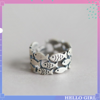 Hello Girl เครื่องประดับเกาหลีน่ารักปลา S925 แหวนเปิดแหวนปรับได้ประณีตสาวหวานและเรียบง่ายแหวน