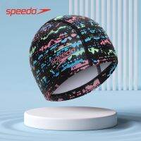 Speedo หมวกว่ายน้ำเด็กเด็กผู้ชายเด็กผู้หญิงวัยรุ่นวัสดุ PU กันน้ำไม่มีหัวผมยาวพิมพ์ลายแฟชั่นขนาดใหญ่