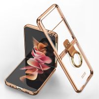 ☾✲✸ Plating Transparent Case for Samsung Z Flip3 Case with Ring Buckle Luxury Clear Shockproof Cover for Galaxy Z Flip 3 Case