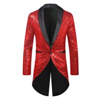 ZZOOI Mens Red Sequins Tailcoat Swallowtail Stylish Shawl Collar Single Button Suit Blazer Jacket Men Party Stage Singer Costume Homme