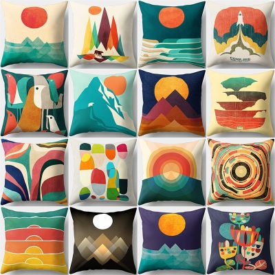 45x45cm Abstract Geometric Mountain Pillow Case Polyester Cushion Cover Sofa Home Decor Rainbow Sunrise Landscape Pillowcase