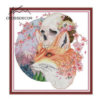 Crossdecor Cross Stitch ออกแบบใหม่สัตว์รูปแบบ Aida 14CT 11CT ผ้า Handmade ปักชุดพร้อมวัสดุสำหรับผู้เริ่มต้นตกแต่งสำหรับ Sala Wall - Cherry Blossom Fox พร้อม Skull