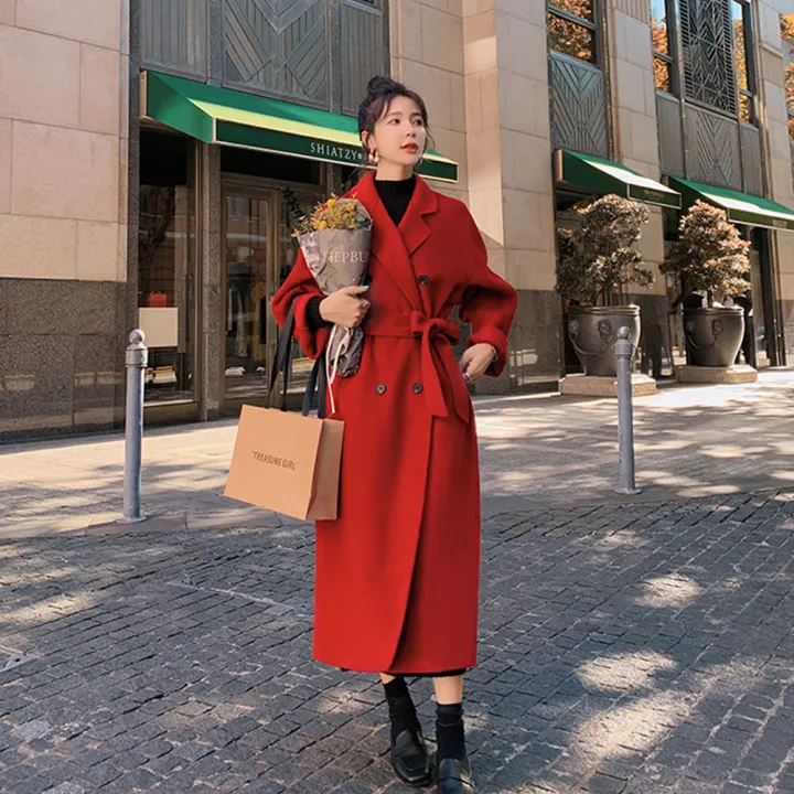 Women Thick Pea Coat With Belt Double Ted Lapel Collar Long Sleeve Simple Solid Color Mid Length Overcoat Windbreaker Lazada Ph Women Thick Pea Coat With Belt Double, Pea Coat Simple