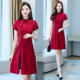 Hanfu Qipao Cheongsam Tang Suit Tang Qipao Dress เสื้อผ้าสตรีขนาดบวก 2021 ฤดูร้อนใหม่สไตล์จีนย้อนยุคกระชับสัดส่วนปรับปรุงชุดกี่เพ้าสีแดง