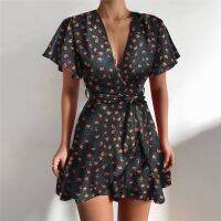 【CW】✽  V-Neck Ruffle Wrap Print Beach Sundress Short