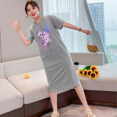 Q248 เดรสยาวเสื้อยืดแฟชั่นผู้หญิงสไตล์เกาหลี คอกลมแขนสั้น เนื้อผ้ายืดหยุ่นดี กระโปรงเสื้อยืดทรงสวย แนวหวานสดวัยรุ่นน่ารัก New Fashion womens