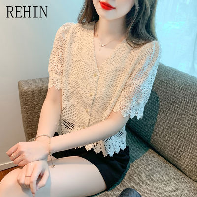 REHIN เสื้อผู้หญิงคอวีกลวงมีพู่เสื้อแขนสั้น,ฉบับภาษาเกาหลีหรูหราใหม่ฤดูร้อน