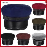 ZHEZHE Unisex หนัง PU กระบังหน้า หมวกทรงแบน หมวกกะลาสี หมวกปีกกว้าง หมวกทหารนายร้อย