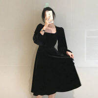 spring new retro Hepburn style square collar waist velvet small dress female Regular Knee-Length Office Lady