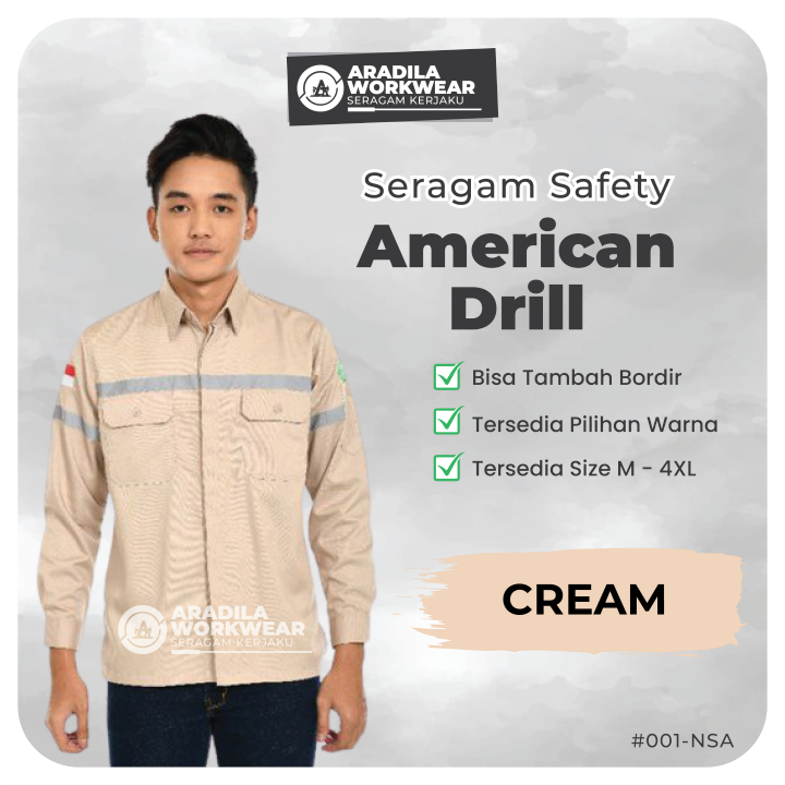 Seragam Safety Cream Baju Kerja Lapangan Custom Bordir Atasan Wearpack Tangan Panjang