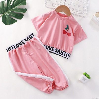 [ส่งของ]Summer Children Two-piece Baby Girls Fashionable Leakage Navel Kids Short Sleeve Tops Trousers Suit 2pcs