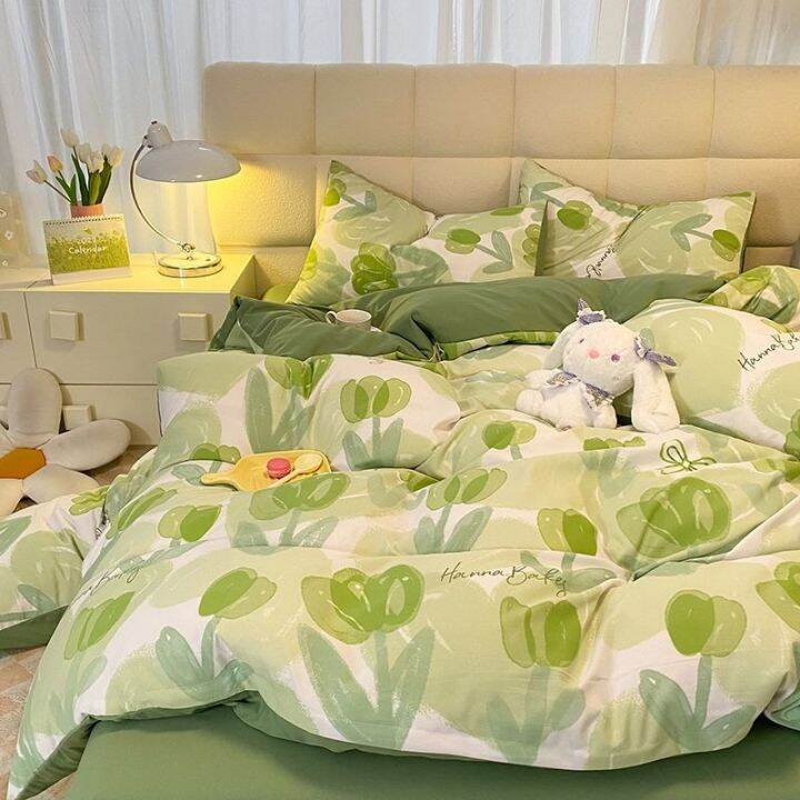 ready-ins-green-small-fresh-class-a-washed-cotton-and-linen-double-layer-yarn-four-piece-set-cartoon-quilt-cover-bed-sheet-three-piece-dormitory-set