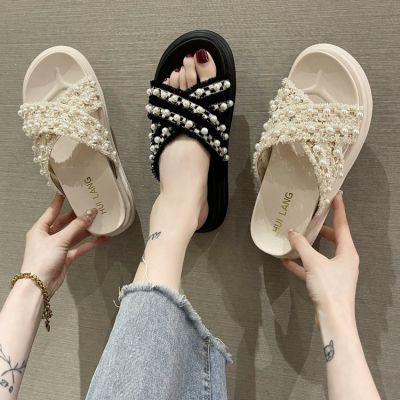 Internet Celebrity Cross Pearl Buckle Platform Slippers Women 2023 Summer New Korean Style Muffin Simple and Stylish Casual Outerwear Women
