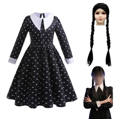 Girls Wednesday Cosplay Carnival Costume Vintage Black Gothic Outfits Halloween Clothing Kids Printing Collar Dress for 3-12 Yrs