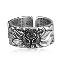 Skills and old silversmith fine silver lotus heart sutra ring mens singles and tide people personality men silver lettering ring —D0517