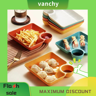 Vanchy French Fries Ketchup Holder Dumpling Plate With Vinegar Plate Snack Dish 2-Grid Spices Dish Dumplings Dessert