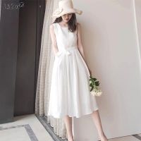 【YF】 Solid Color Round Neck Graceful High Waist Knee Skirts Temperament Dresses Splicing Creative Lacing Womens Clothing Casual Thin