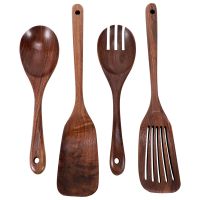 Natural Wooden Kitchen Cooking Spoons Large Salad Server Wood Fork Spoon Cutlery Set Wooden Utensils Tableware, 4PCS