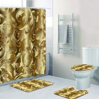 【YD】 Floral Baroque Damask Gold Flowers Shower Curtain Set for Luxury Mats Rug Toilet