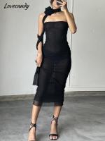 Black Rose Streamer Strapless Dress For Women Mesh See Though Backless Dresses Summer Fashion Lady Club Party Evening Dress