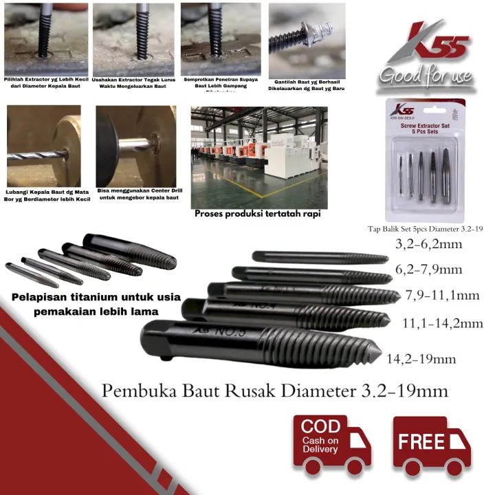 K Pembuka Baut Rusak Patah Tap Balik Bolt Extractor Set Pcs Diameter Baut Mm Lazada