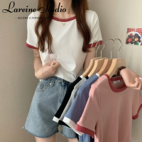 LAREINE เสื้อยืดผู้หญิงเข้ารูปแขนแขนสั้นคอกลม,เสื้อแบบสั้นเข้ารูปฉบับภาษาเกาหลี2023