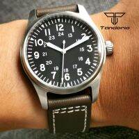 ⌚Tandorio 39มม. PT5000นาฬิกาสำหรับผู้ชายอัตโนมัติเรืองแสงเคสสายหนังสีน้ำตาลรูปมงกุฎ NH35หน้าปัดสีดำ