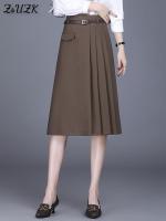 Women Solid Fold A-Line Skirt High Waist Skirt Spring Autumn Office Lady Elegant Mid-long Skirts Simple Black Coffee Skirts