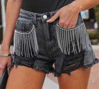 【hot】 2023 New Jeans Shorts Ripped Tassel Chain Denim Fashion Ladies Street