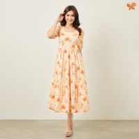 Woman Puff Sleeves Firework Dress เดรสลายดอก คอเหลี่ยม แขนพอง จากผ้าป่าน Extra Fine Cotton Lawn (Cotton 100%) เป็นผ้าเนื้อเรียบ เนียนนุ่ม ผ้าบางเบาสวมใส่สบายที่สุด