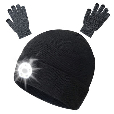 หมวกไฟฉายติดศีรษะกลางแจ้งศีรษะล้างทำความสะอาดได้,รักษาความอบอุ่นหน้าจอสัมผัสหมวกมีไฟฉาย LED พร้อมถุงมือสวมใส่ในฤดูหนาว1ชุด